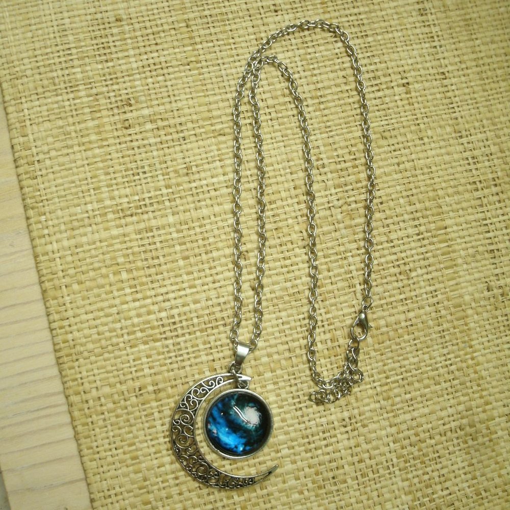 Crescent Moon with Galaxy Cabochon Dangle Necklace - Picture 13 of 13
